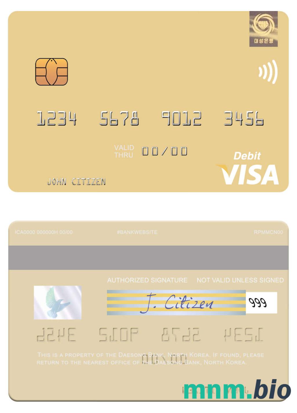 North Korea Daesong Bank visa debet karta przykład w formacie PSD